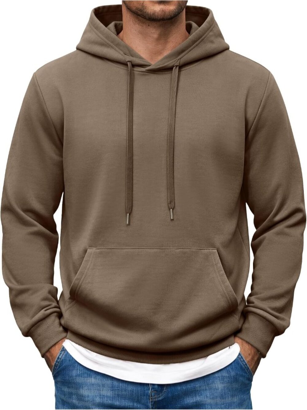 Coofandy Men's Brown Long Sleeve Pullover Polyester Hooded Sweatshirts